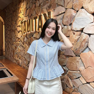 Áo Sơ Mi Tay Ngắn Kẻ Sọc Kiểu Bèo 2 Tầng Xinh Xắn A51464333