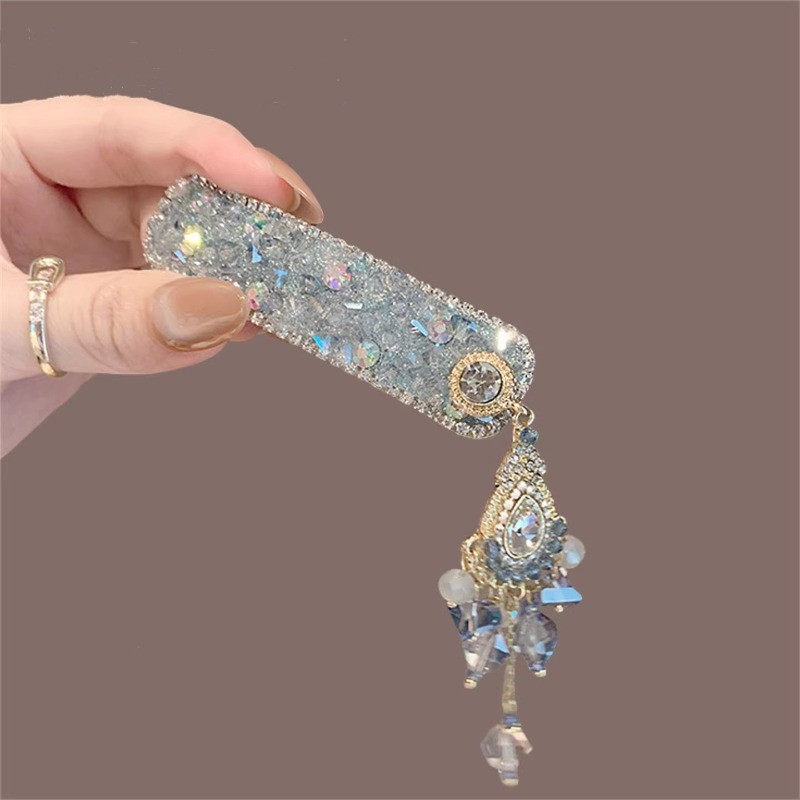 MAUROPOLI Cao Cấp Công Nghiệp Nặng Màu Xanh Full Kim Cương Pha Lê Bên Kẹp Thời Trang Retro Phong Cách Dân Tộc Tua Rua Tóc Kẹp bb Phụ Kiện Tóc Nữ