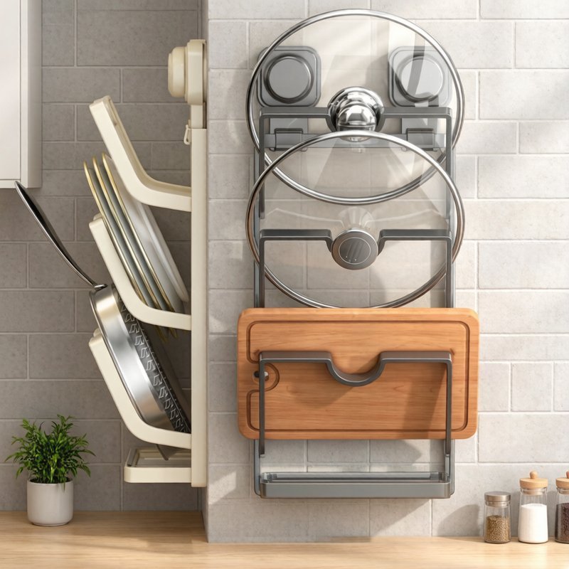 Giá đỡ nắp nồi treo tường không khoan chất liệu ABS chống trượt lắp đặt nhanh giữ bếp gọn màu trắng