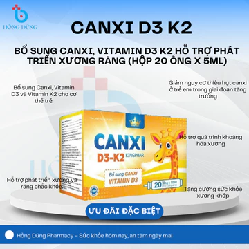 Ống Canxi D3-K2 Kingphar hỗ trợ bổ sung canxi vitamin D3 cho trẻ em (Hộp 4 vỉ x 5 ống 5ml)