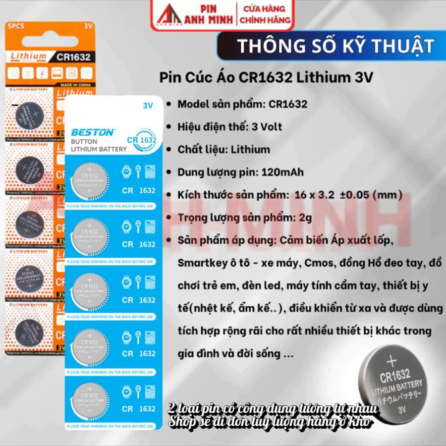 Vỉ 5 Pin Cúc áo CR1632 CR2032 3V pin chất lượng giá rẻ cho Cảm biến Áp xuất lốp Smartkey thiết bị y tế