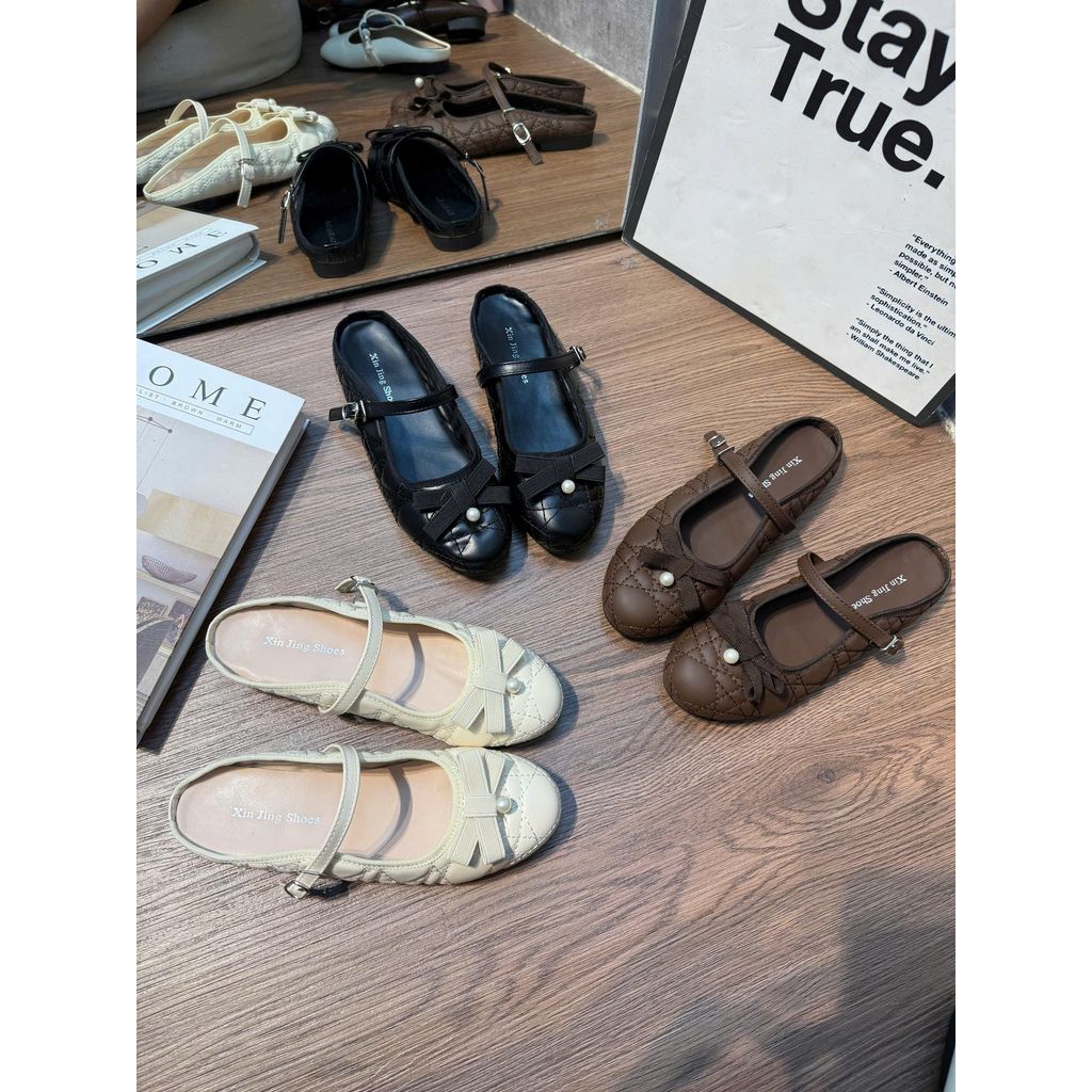 [Thảo Em - SB1322] Sục bệt mũi tròn đế bệt da lì mềm, quai ngang phối nơ ngọc tiểu thư