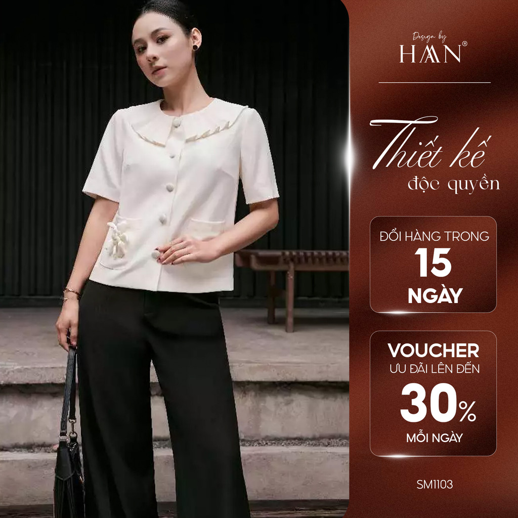Áo Sơ Mi Nữ Kiểu Ngắn Tay Thiết Kế Cổ Tròn Xếp Màu Trắng Kem HAAN Desgin SM1103