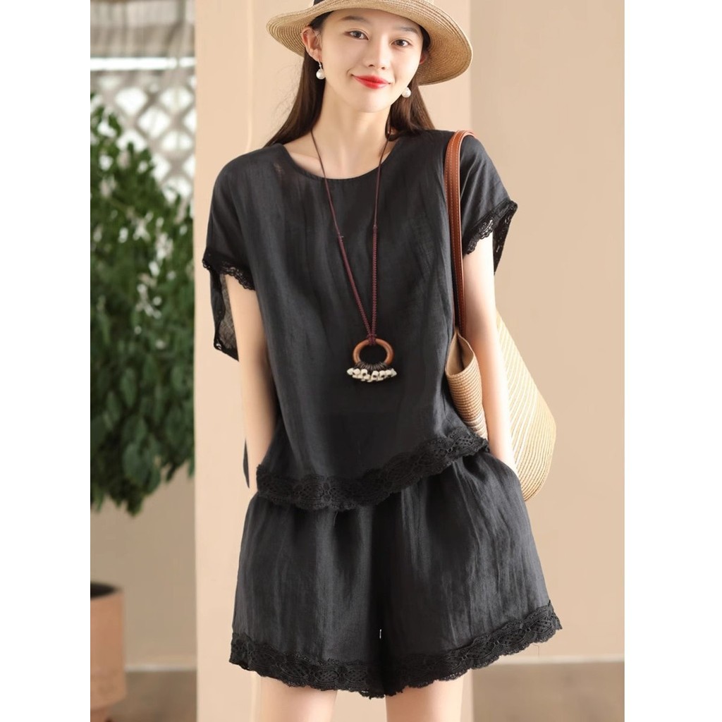 Bộ đồ thời trang mùa hè dành cho nữ, gồm áo rộng rãi và quần short ống rộng, chất liệu cotton lanh