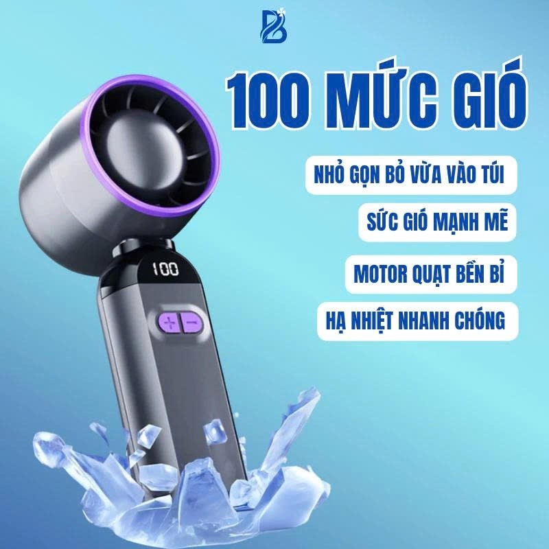 Quạt Cầm Tay FS-F85 Mini Turbo 100 Tốc Độ Gió Mạnh LED Hiển Thị Sạc USB Có Chân Đế Để Bàn Gấp Gọn