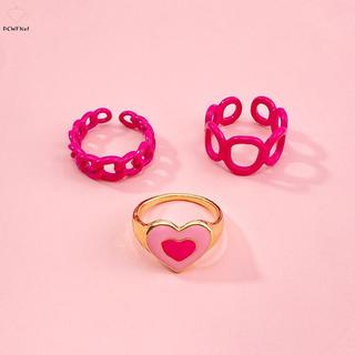 <![PCW-T] Bộ 3 nhẫn hình học trái tim màu hồng có thể điều chỉnh, thời trang dành cho nữ và bé gái
