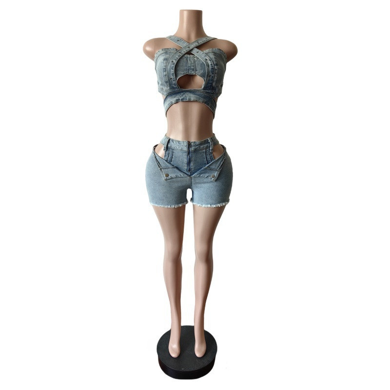 Quần short Vest Denim mới Phù hợp với ống Top Quần short co giãn có dây