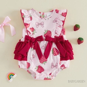 Áo liền quần trang trí cổ tròn không tay in hình dâu tây cho bé gái