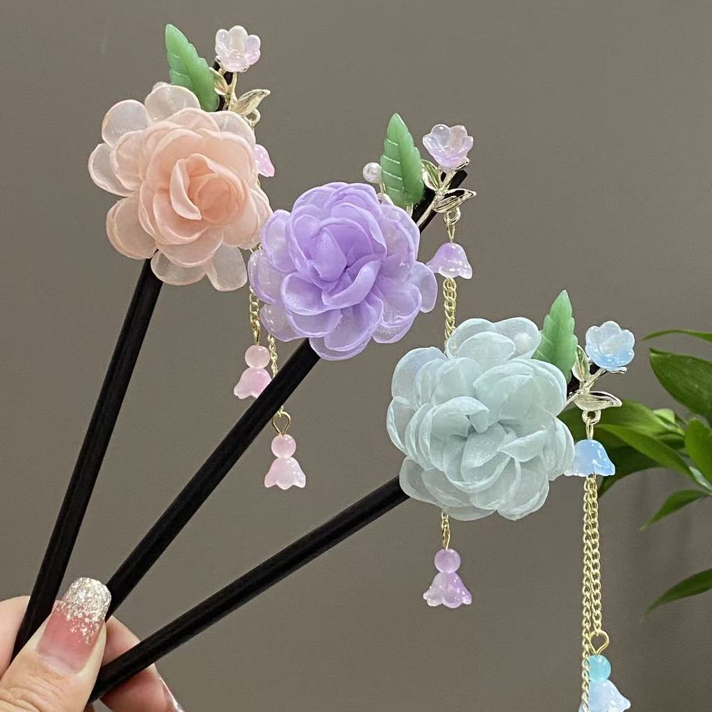 Kẹp Tóc Bằng Gỗ Cổ Lụa Hoa Camellia - Phong Cách Hanfu - Phụ Kiện Tóc Nữ