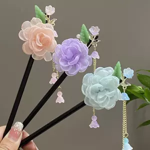 Kẹp Tóc Bằng Gỗ Cổ Lụa Hoa Camellia - Phong Cách Hanfu - Phụ Kiện Tóc Nữ