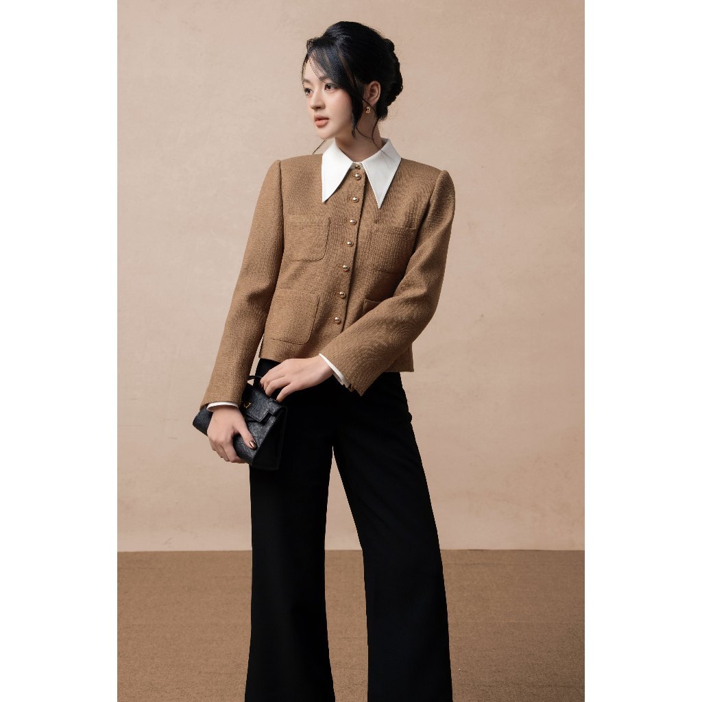 Áo khoác nữ ELLA DORA dạ Tweed form chuẩn 4 túi trước cúc đồng thanh lịch phong cách công [K15]