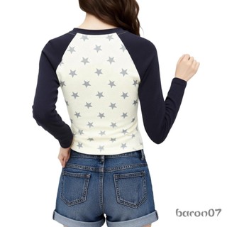 Áo thun nữ dài tay Slim Fit in hình ngôi sao màu tương phản cổ tròn cho mùa thu / mùa xuân