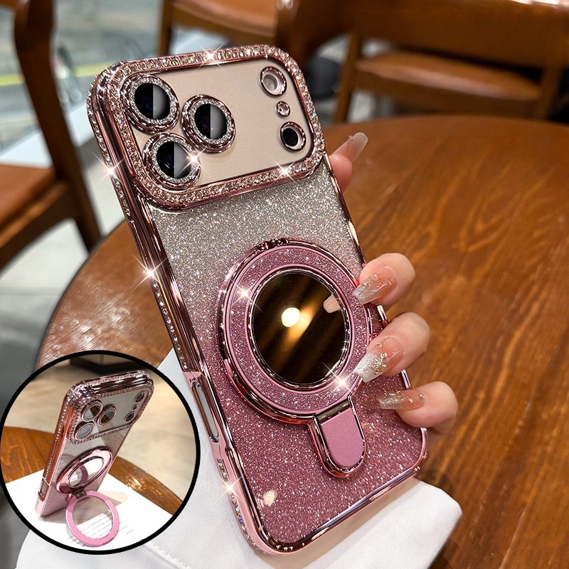 Flash Kim Cương Gương Đứng Ốp Lưng Điện Thoại iPhone 17 Pro Max 16 13 14 15 Pro Max Bao Gồm Bảo Vệ Ống Kính Máy Ảnh Vỏ Mềm Vỏ Điện Thoại Vỏ Bảo Vệ