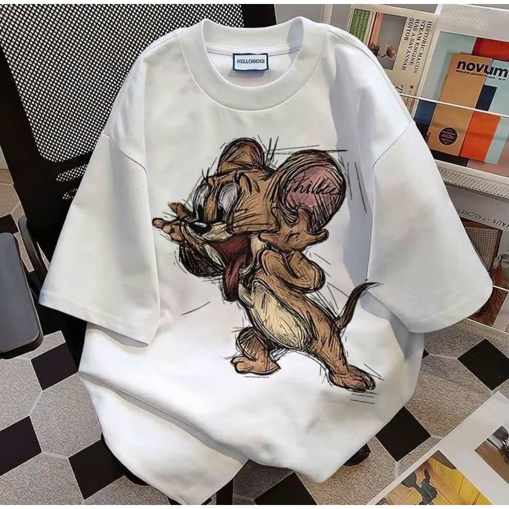 Áo phông su rộng tay lỡ cotton unisex cực chất - Mèo Tôm & Jelly siêu hot!