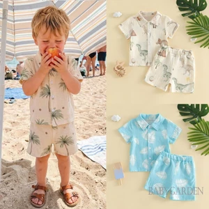 6M-4Y Tập Đi Bé Trai Trang Phục Mùa Hè Khủng Long / Lá / Cây Dừa In Nút Xuống Cổ Áo Sơ Mi Tay Ngắn Và Quần Short