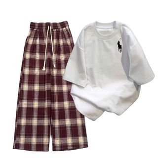 sét bộ đồ nữ Quần kẻ caro ĐỎ+ phối áo phông form unisex - in hình ngựa ở ngguc -thuba94
