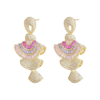 Công nghiệp nặng - Bông tai bạc S925 với zircon nhiều màu sắc, thiết kế ba chiều dạng quạt