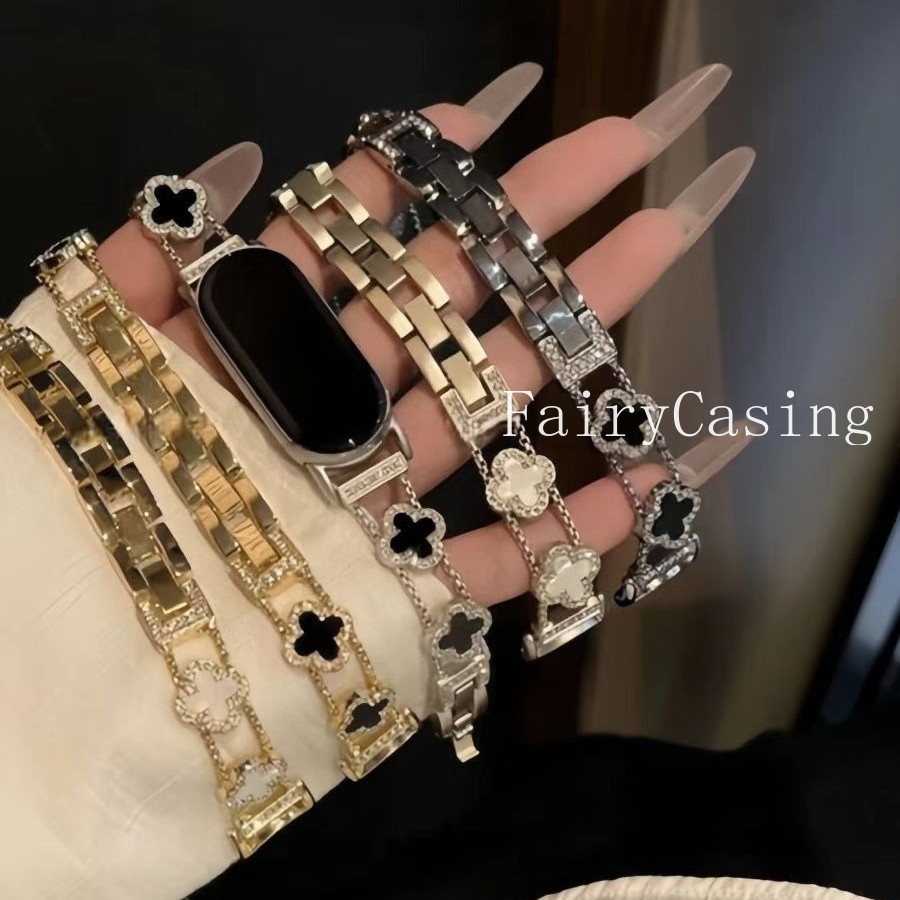 Dây đeo kim loại cỏ ba lá sang trọng tuyệt vời cho Xiaomi Band 10 9 8 NFC Vòng đeo tay cho Redmi Watch 4 5 6 Starps