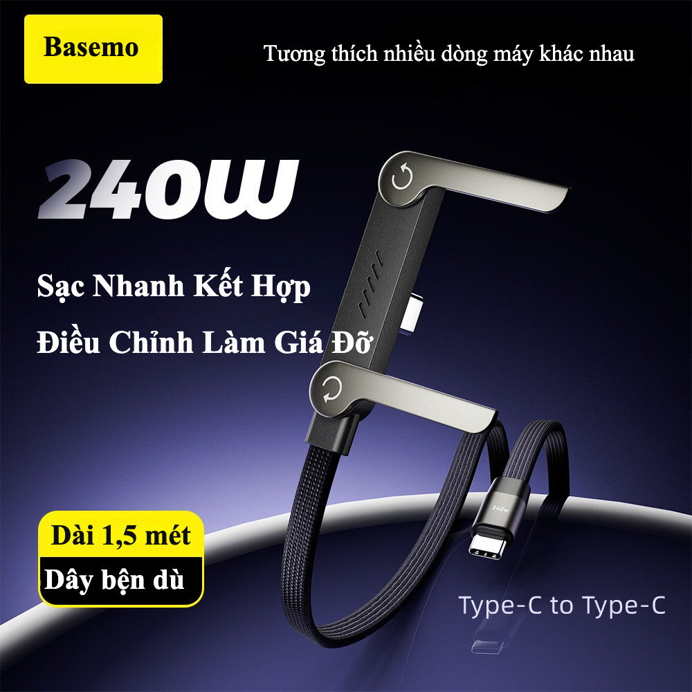 Cáp Sạc Nhanh 240W Basemo - Thiết Kế Chữ L Có Giá Đỡ – Hỗ Trợ PD Type C - Type C 240W -  Type C-L 30W