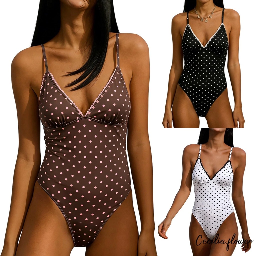 Bộ đồ bơi một mảnh in chấm bi cho nữ với thiết kế dây spaghetti slim fit