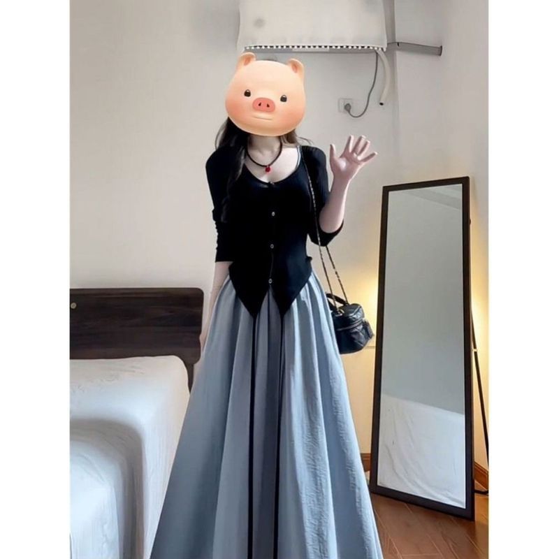 Mùa Thu Đầm Liền Cardigan Tay Dài Phong Cách Hàn Quốc Cao Cấp