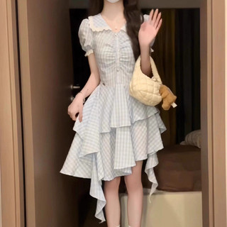 Đầm Xòe Caro Nữ Tầng Bèo,Váy Ngắn Tiểu Thư Dễ Thương,Tay Phồng Tôn Dáng,Phong Cách Hàn Quốc