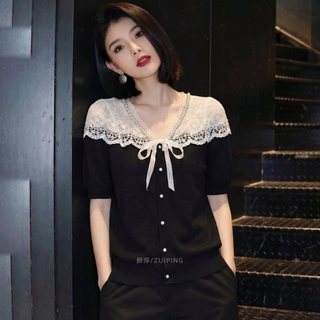 Áo Len Cổ Chữ V Tay Ngắn Nữ Nơ Ren Khâu Đen Mùa Hè Mỏng Áo Chui Đầu