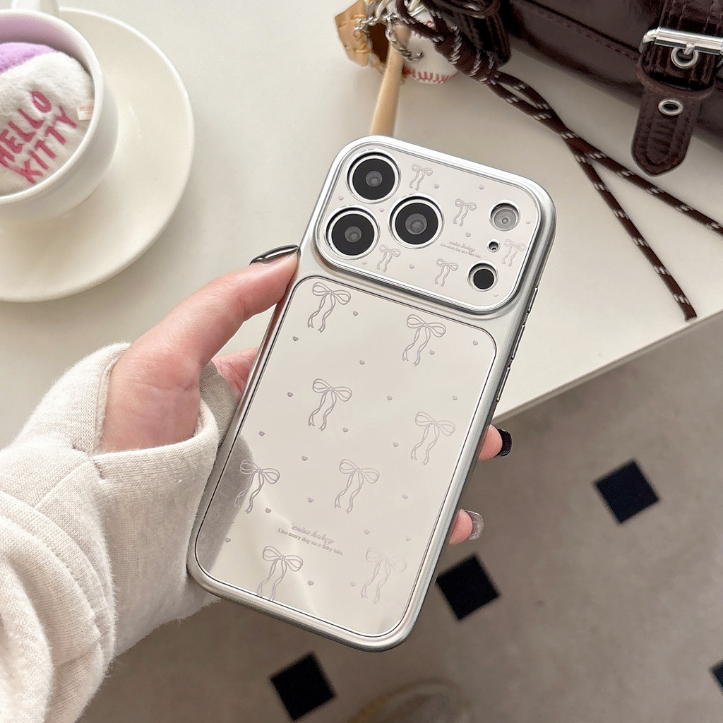 Ốp điện thoại mặt gương nơ có viền INS cho iPhone 17 Pro Max 17 16 15 14 13 Vỏ điện thoại chống rung