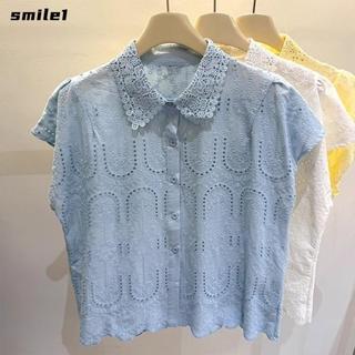 Áo cổ ren SMILE, Áo thun dáng rộng vừa vặn, Áo thun ngắn tay thêu rỗng đơn giản dành cho nữ