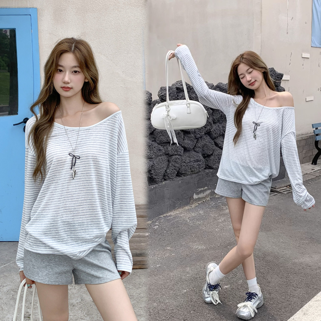 SUXI Áo thun dài tay sọc phong cách Hàn Quốc, phù hợp mùa hè 260313