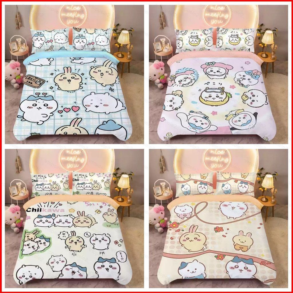 ST2 Chiikawa Usagi 3IN1 Ga trải giường Vỏ chăn gối Bộ chăn ga gối Phòng ngủ gia đình Bộ đồ hoạt hình có thể giặt được TS2