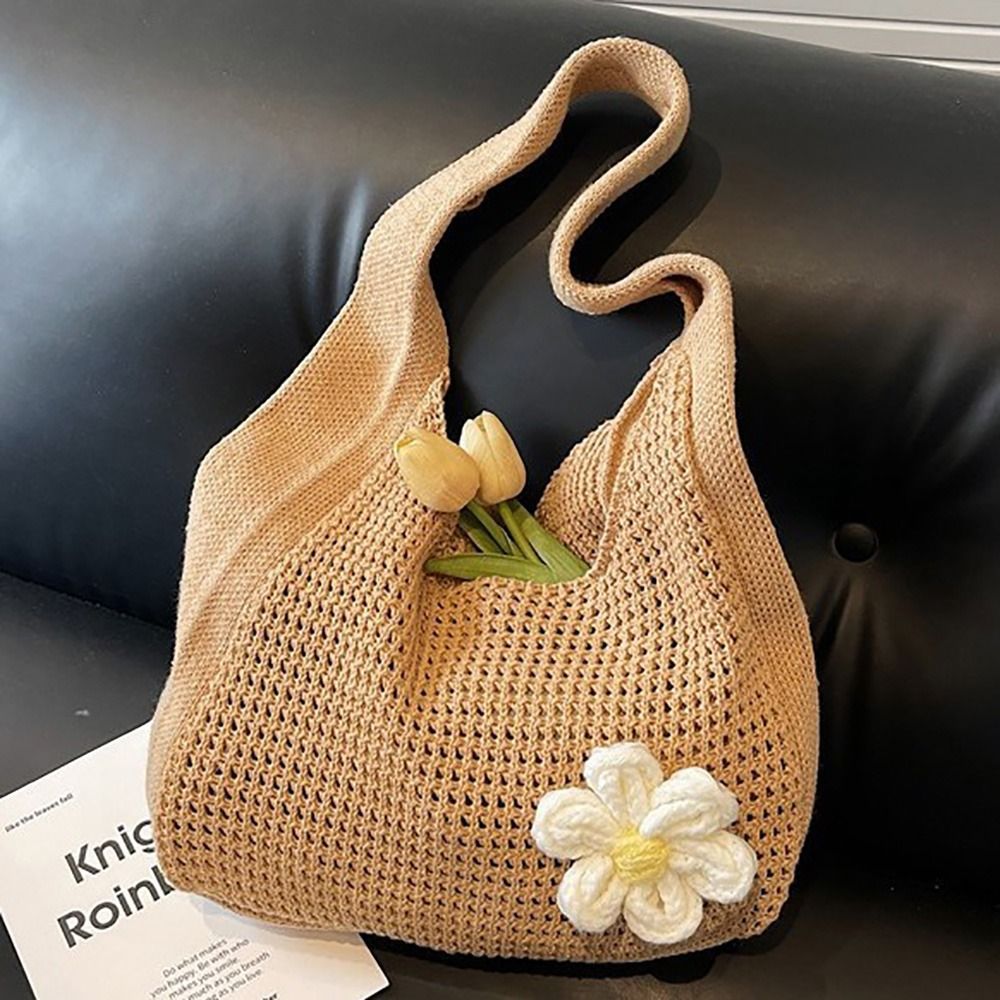 Túi Tote HOBBYIN, Túi xách đi biển rỗng dung tích lớn, Túi mua sắm hoa Kaki màu be phong cách lười biếng hợp thời trang mùa hè