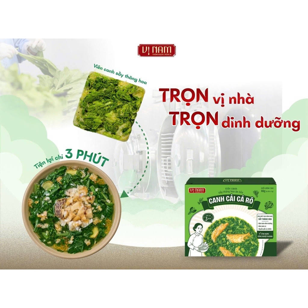 Canh Cải Cá Rô Sấy Thăng Hoa Ăn Liền Vị Nam - Hộp 6 viên - Canh lười, Tiện ích, Đậm vị Thơm ngon