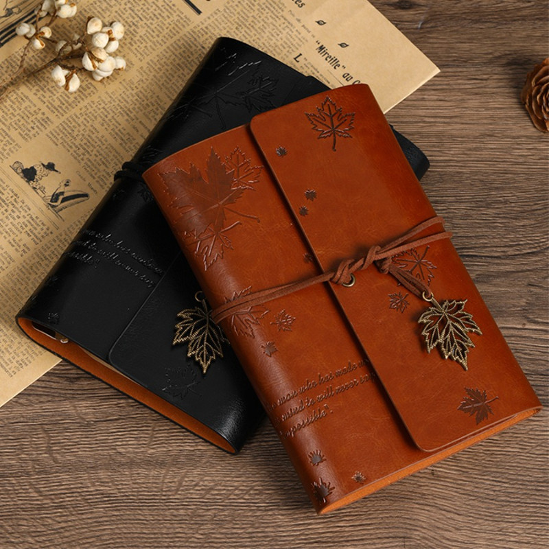 Sổ Tay Vintage Lá Phong Cao Cấp - 80 Trang Ruột + 5 Túi Đựng Tiền, Bìa Simili Da Bò, Ruột Rời Tiện Lợi