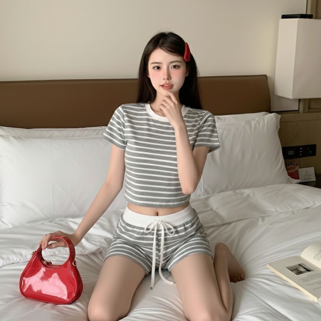 SET Áo Thun Baby Tee Phối Kèm Quần Ngắn Kiểu Kẻ Sọc Năng Động S06697 -Sambotique