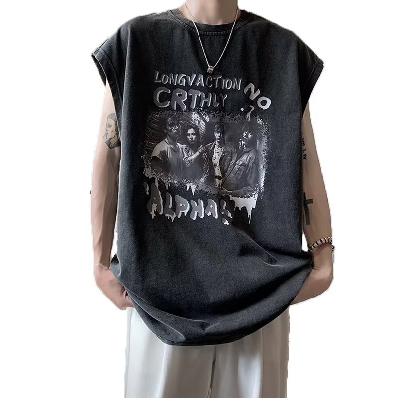 Áo thun không tay streetwear in họa tiết, phù hợp giới trẻ mùa hè