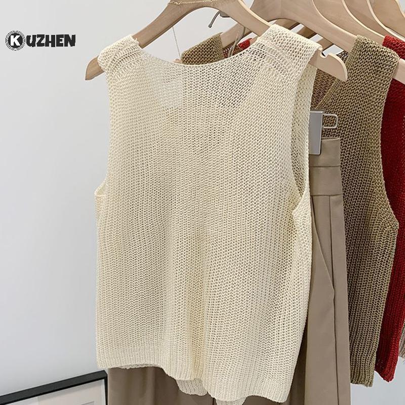 KUZHEN Áo Vest Dáng V Mùa Hè Cho Nữ, Vải Cotton và Lanh, Thiết Kế Trơn Hot
