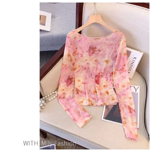 Milyfashion Mesh Tie-Dye Printing off-Shoulder T Summer Slim Fit Chic Long Sleeve Sun Protection