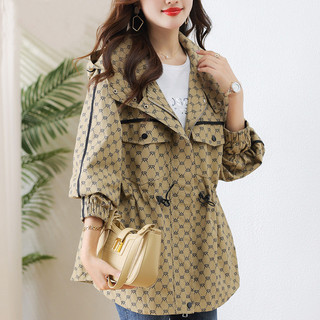 Áo khoác trench coat có mũ trùm đầu thanh lịch, kiểu dáng mới, rộng rãi, ôm eo, in họa tiết thời trang