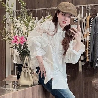 Áo Sơ Mi Nữ Trắng Chiết Eo Đính Đá Sang Trọng Tôn Dáng Hot Trend