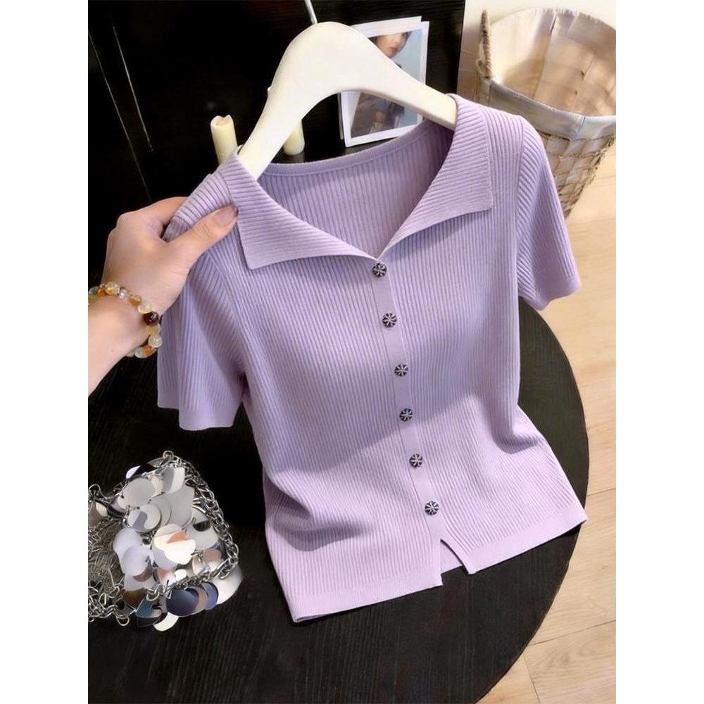 Áo Thun Ngắn Tay Mới Màu Tím Dệt Kim, Thoáng Mát - Perfect Cho Mùa Hè