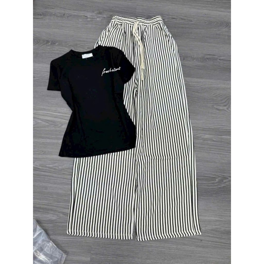sét bộ quần dài kẻ vằn đũi xốp siêu xinh+mix áo Croptop chữ kí in ng ự c chất tăm-chang3158