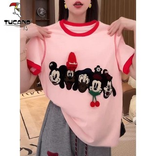Mickey Áo Thun Tay Ngắn Thêu Họa Tiết Hoạt Hình Phong Cách Công Nghiệp Nặng