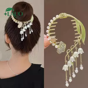 Thanh lịch vuốt tóc đầu thuốc đuôi ngựa bule với đá nhân tạo và ngọc trai giả - kẹp tóc & mũ đội đầu Springevenstar