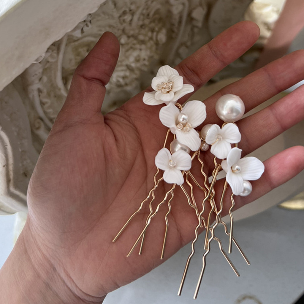 6 Chiếc Kẹp Tóc Handmade Hình Chữ U Ngọc Trai và Hoa Gốm - Phù Hợp Lễ Hội Tiệc Cưới