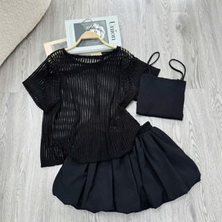 Set 3 Món Bigsize Nữ Áo Lưới Tay Ngắn Mix Áo Hai Dây Và Chân Váy Bí Xòe Cá Tính  A318+G118+CV413