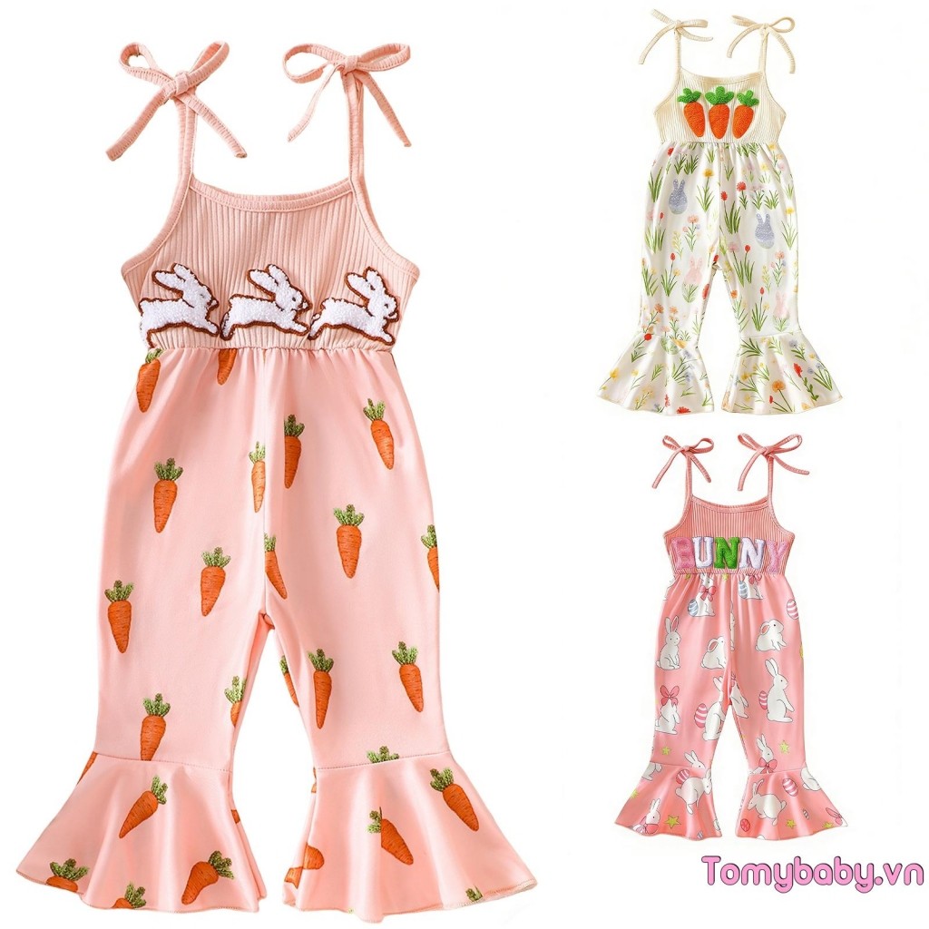 Trẻ Em Bé Gái Phục Sinh Cami Áo liền quần Không Tay Cà Rốt Thỏ Thêu loe Romper