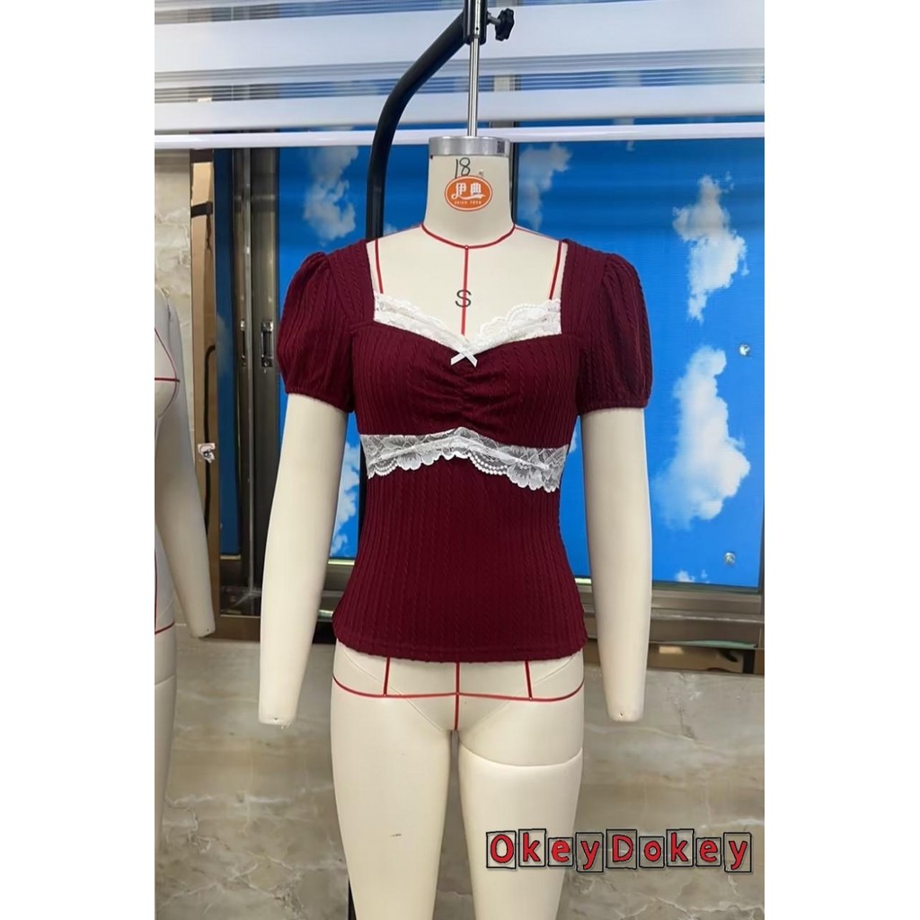 Áo sơ mi nữ retro tay ngắn dáng slim fit, cổ ren, phong cách grunge