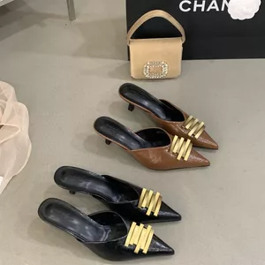 TT Kim Loại Khóa Mũi Nhọn Dép Cao Gót Da Thật Chính Hãng Giày Tính Khí Châu Âu Mỹ Giày Da Nhỏ