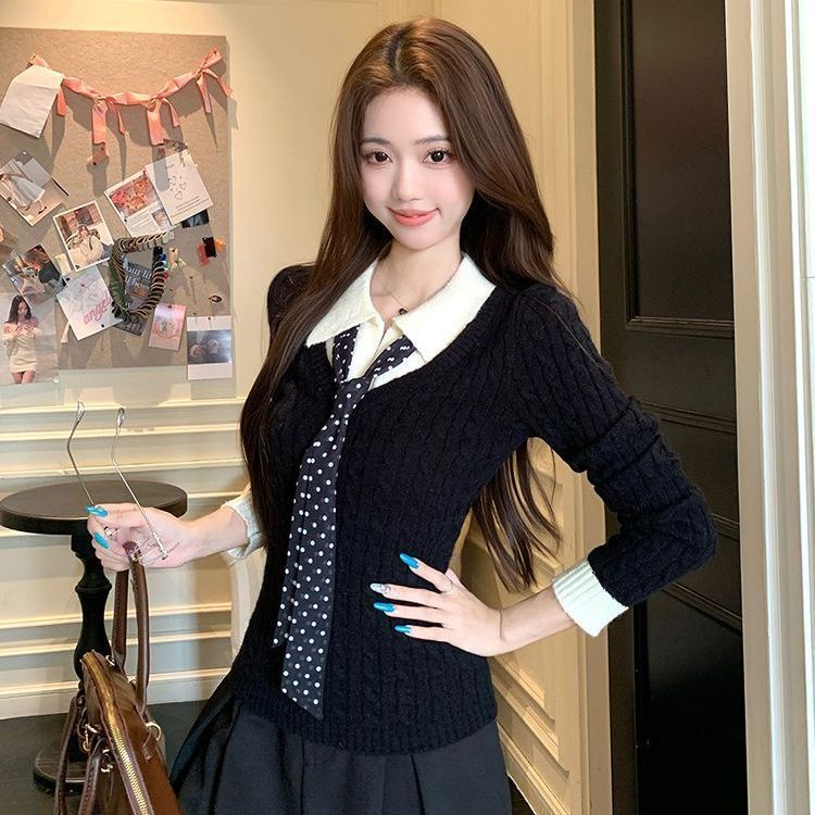 Màu Sắc Tương Phản Khâu Giả Áo Len Hai Mảnh Nữ 25 Thu Đông Cổ Áo polo Slim-fit Bên Trong Dài Tay Áo Len Top Nữ